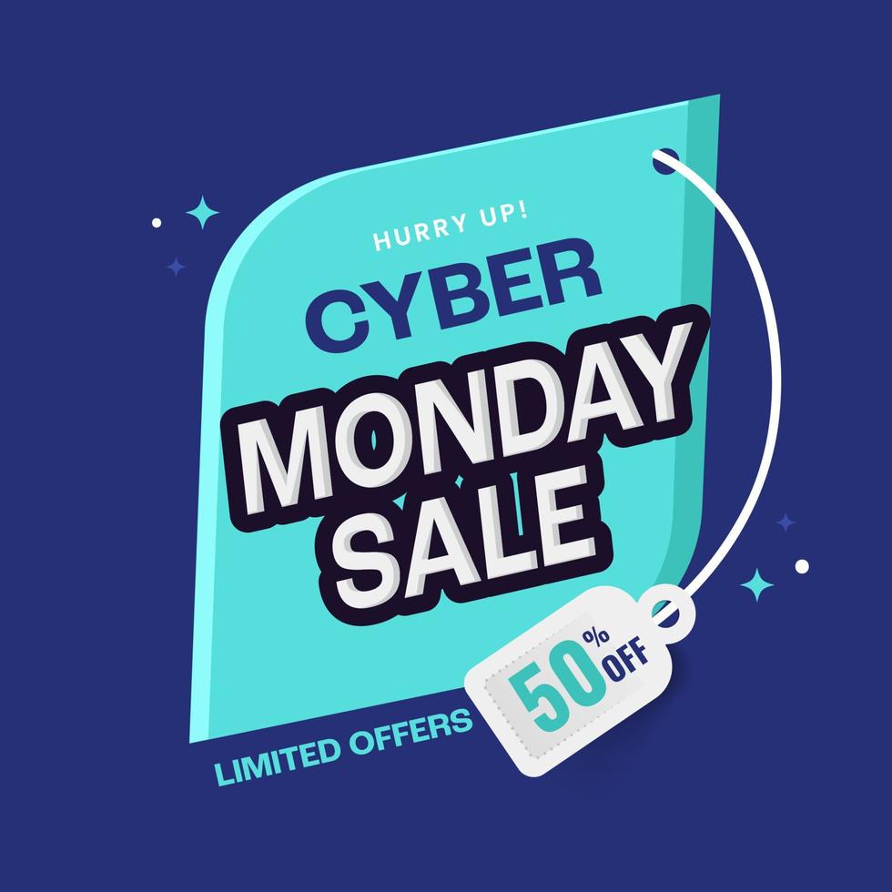 Cyber Monday Sale Label, Poster Design with Discount Tag on Blue Background for Advertising. vector