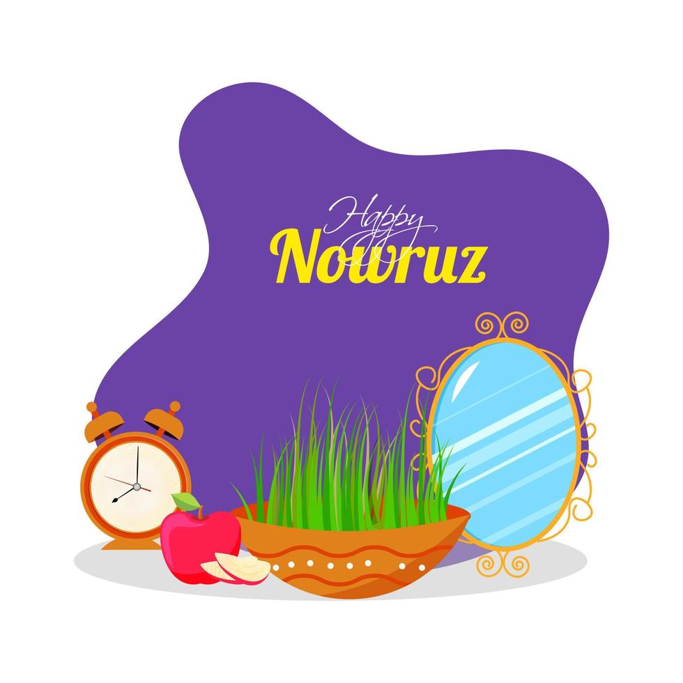 Happy Nowruz Font with Semeni Bowl, Apple, Alarm Clock and Oval Mirror on Purple and White Background. vector