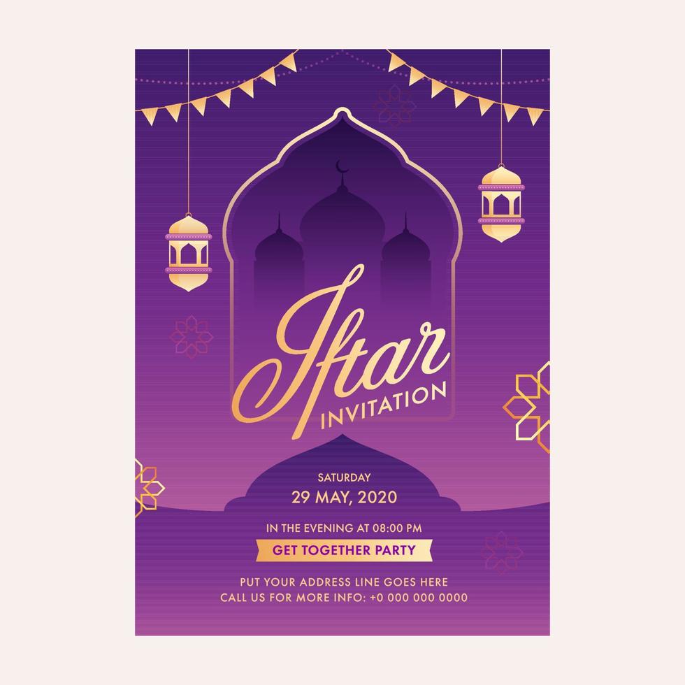 islámico santo mes de Ramadán concepto con iftar invitación tarjeta, colgando dorado linternas, mezquita silueta en púrpura antecedentes. vector