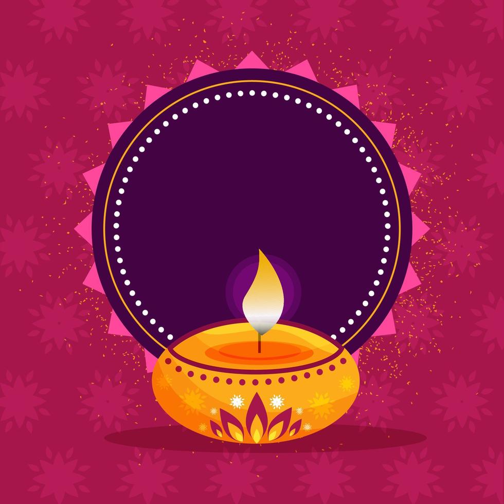 Illuminated Oil Lamp With Empty Purple Circular Frame And Noise Effect On Dark Pink Background. vector