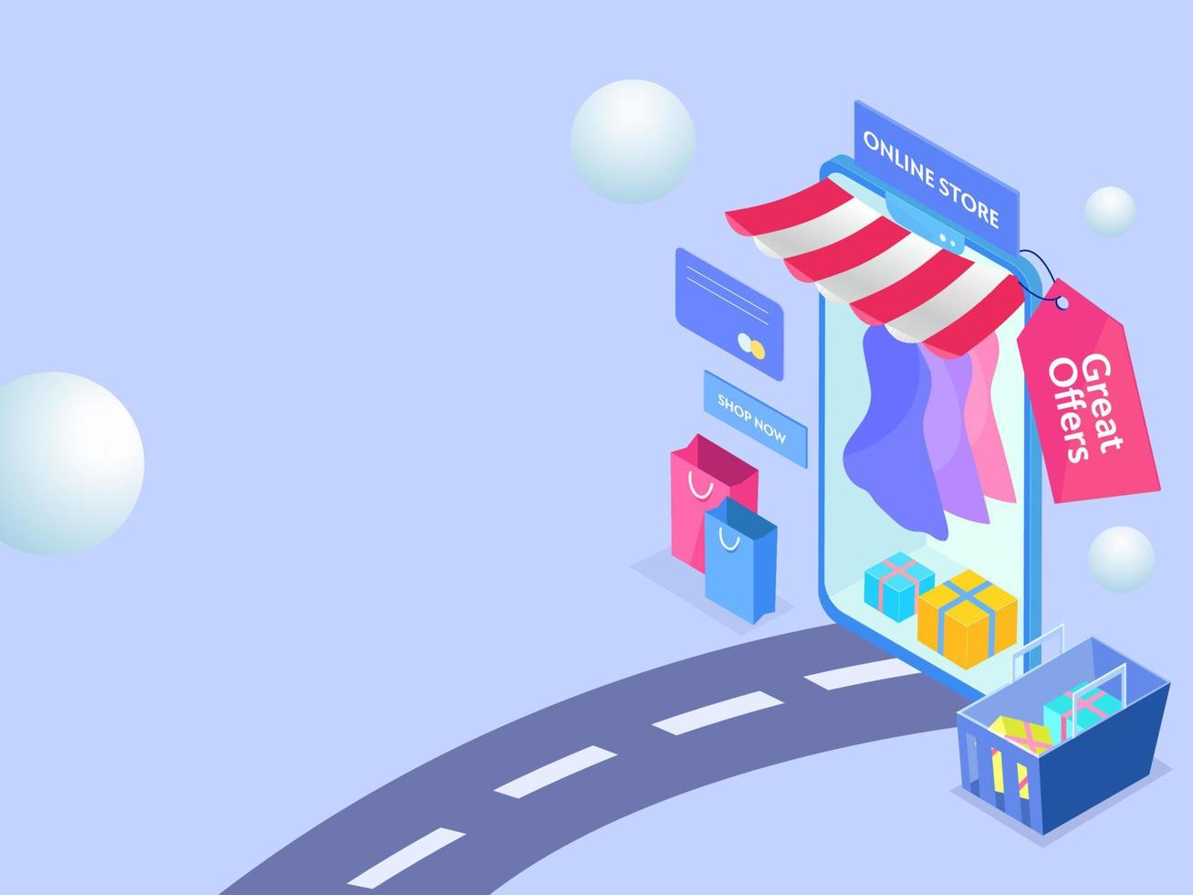 Isometric Illustration of Online Store in Smartphone with Great Offers Tag, Female Dresses, Carrying Bags, Full Basket of Gift Box and Payment Card on Blue Background. vector