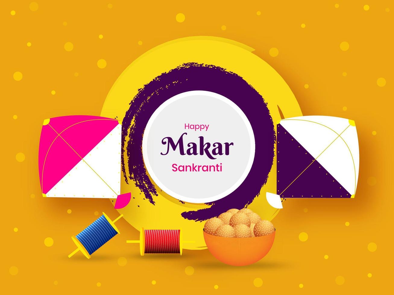 Happy Makar Sankranti Text With Kites, String Spools, Indian Sweet And Brush Stroke Effect On Yellow Background. vector