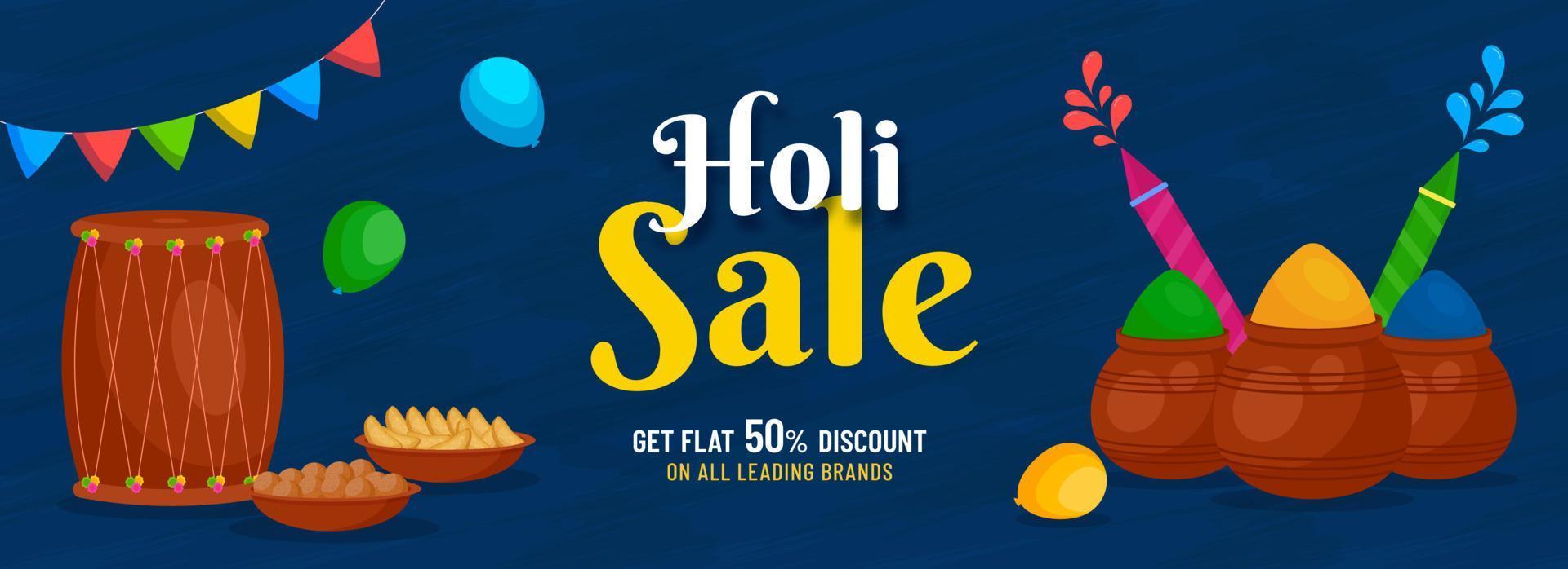 Holi Sale Banner Or Header Design With Discount Offer And Festival Elements On Blue Background. vector