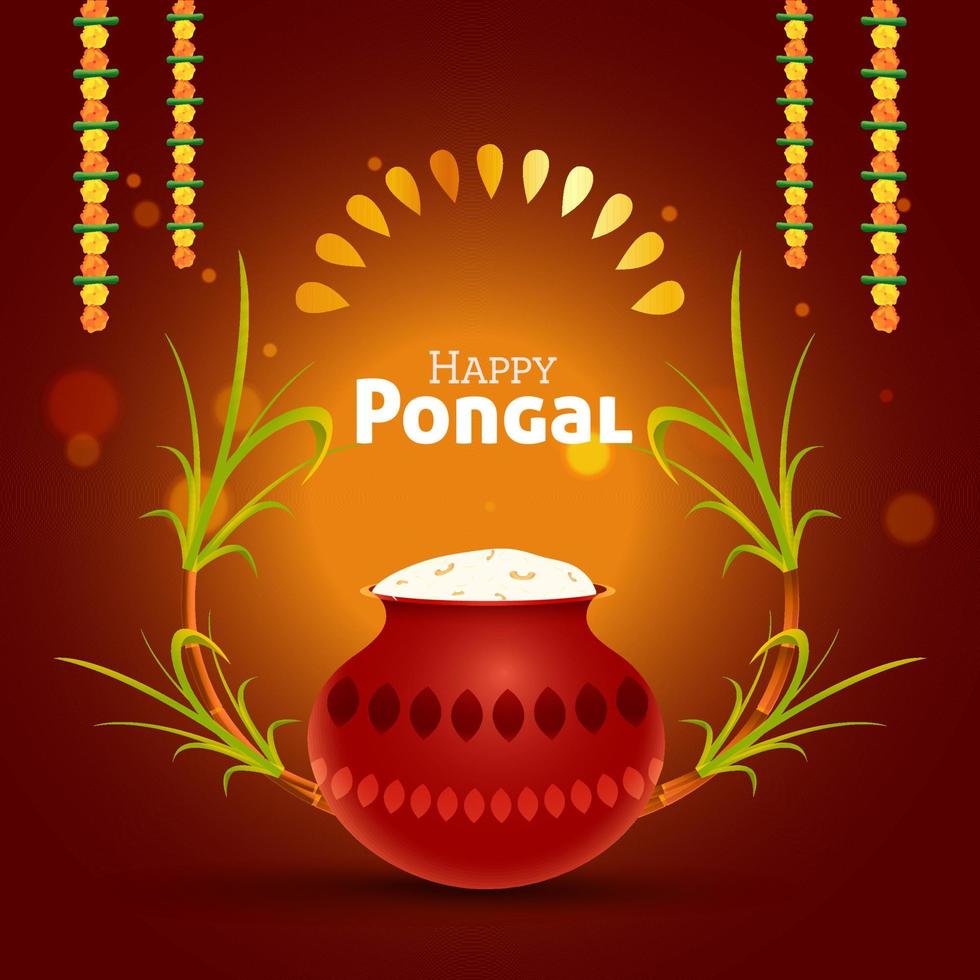 Happy Pongal Concept With Pongali Rice In Mud Pot, Sugarcanes And Flower Garland On Maroon Background. vector