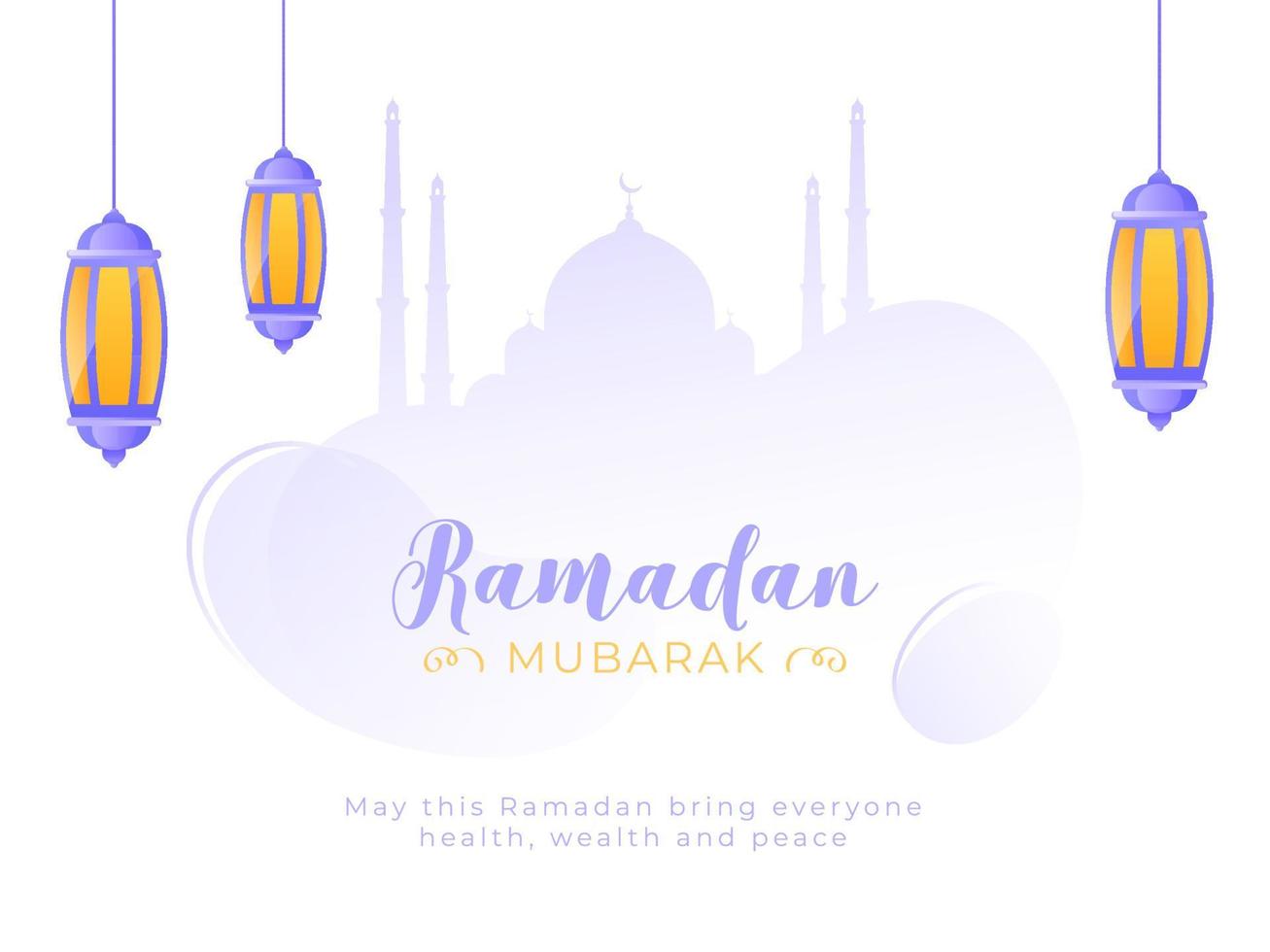 Islamic Holy Month of Ramadan Mubarak with Hanging Colorful Lanterns on Mosque Silhouette Background. vector
