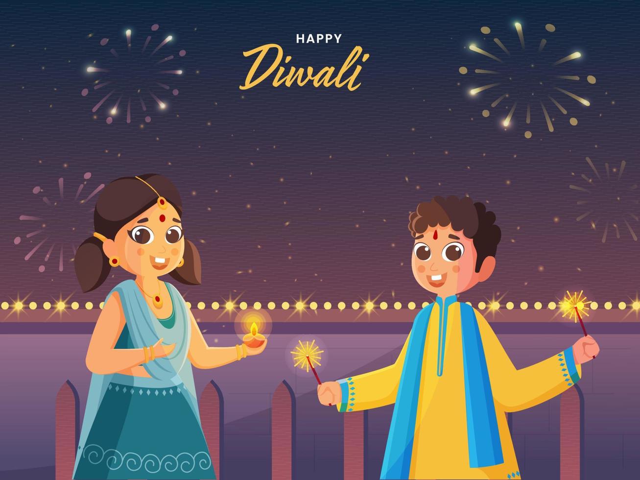 Happy Diwali Celebration Background With Cute Girl And Boy Holding Sparkle Sticks, Lit Oil Lamp. vector