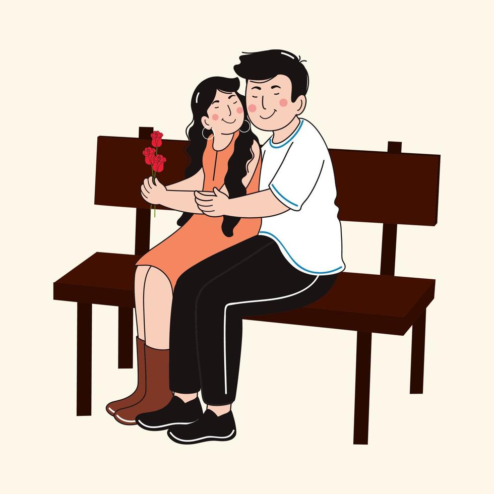 Embracing Young Couple Character With Holding Roses At Bench. vector