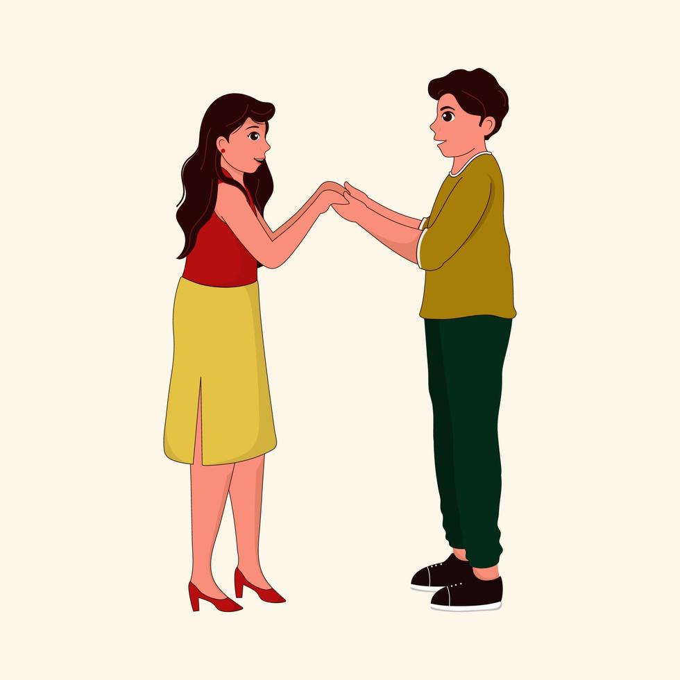 ilustración de joven Pareja mirando a cada otro y participación manos en beige antecedentes. vector