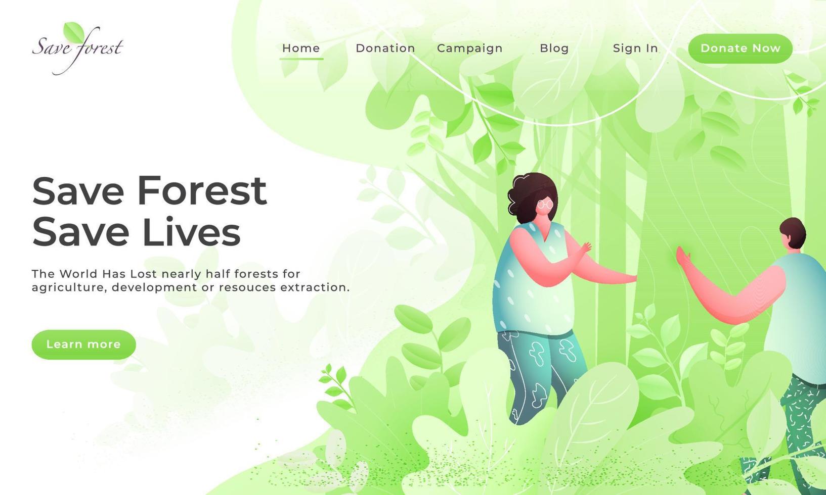 Save Forest Save Lives Landing Page Design with Faceless Young Boy and Girl on Green Nature Background. vector