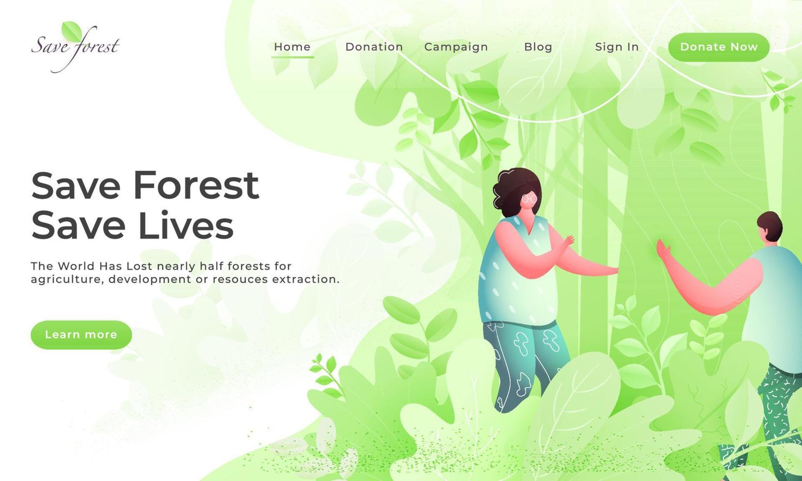 Save Forest Save Lives Landing Page Design with Faceless Young Boy and Girl on Green Nature Background. vector