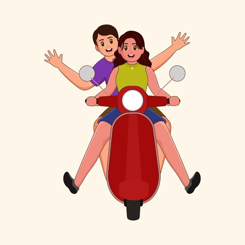 ilustración de joven niña montando un scooty y un alegre chico sentado atrás. vector