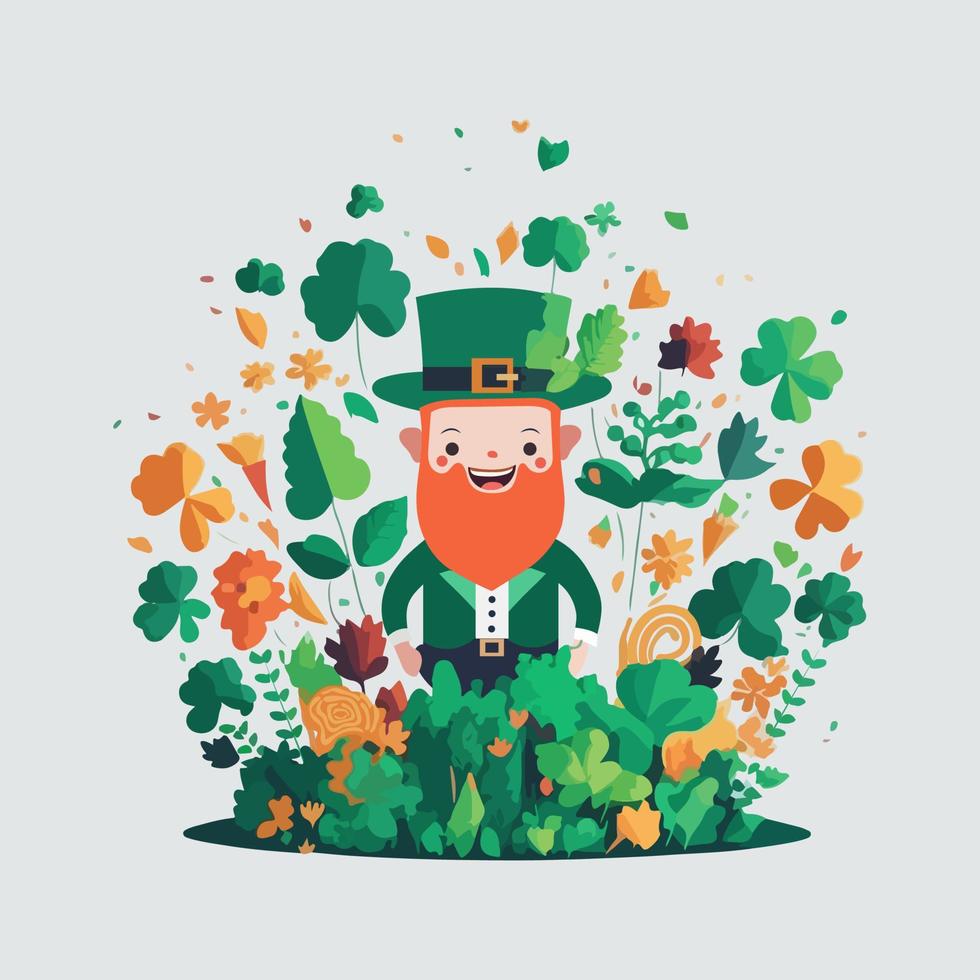 Cheerful Happy Leprechaun Man Character On Clover Landscape For St Patrick's Day Concept. vector