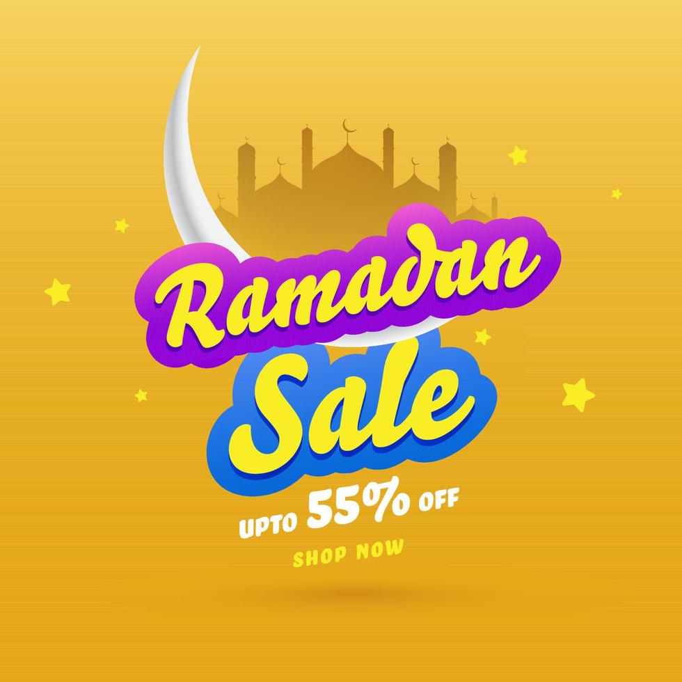Ramadan Sale Concept with Crescent Moon, and Mosque on Yellow Background. Islamic Holy Month of Prayers Concept. vector