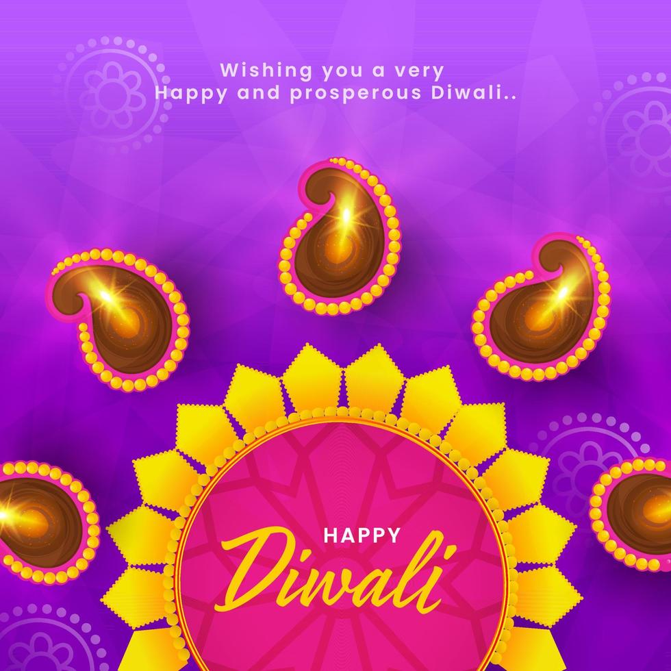 Happy Diwali Font with Rangoli Pattern and Top View Illuminated Oil Lamps Decorated on Purple Background. vector