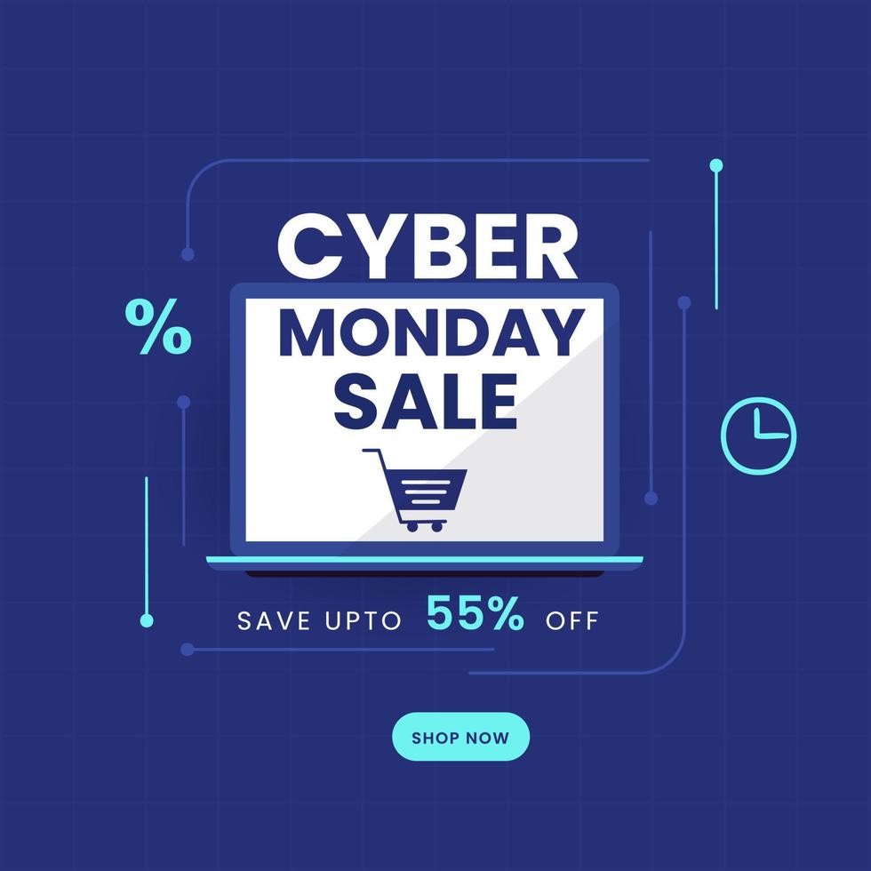 Online Cyber Monday Sale App in Laptop with Discount Offer on Blue Grid Background for Advertising. vector