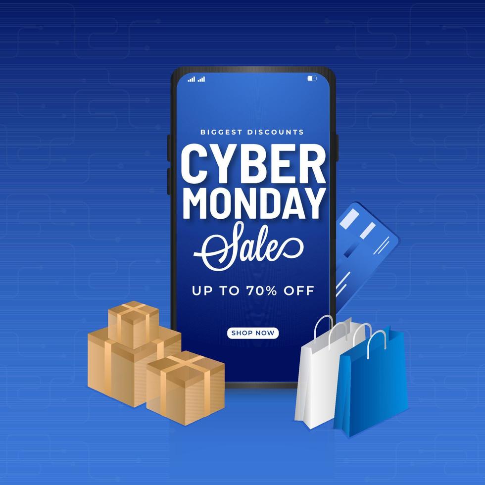 Cyber Monday Sale Poster Design with Smartphone, Payment Card, Realistic Shopping Bags and Gift Boxes. vector