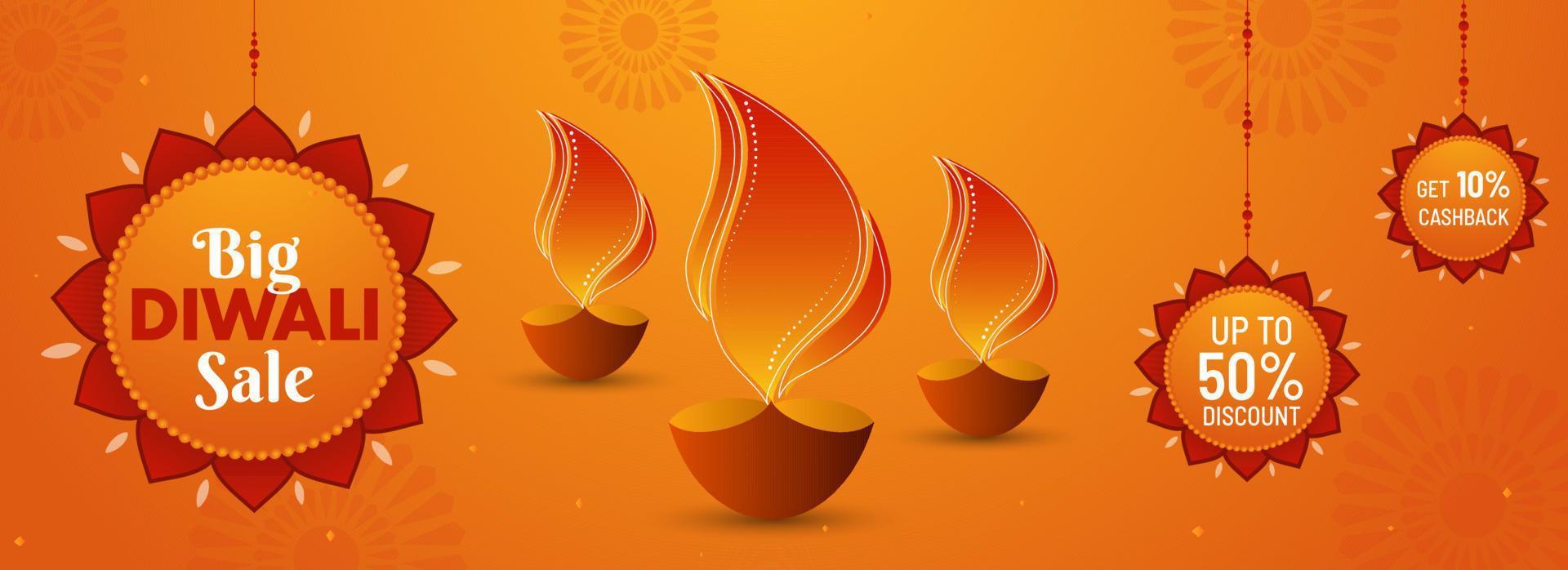 Diwali Big Sale Header or Banner Design with Best Discount Offer and Lit Oil Lamps on Orange Background. vector
