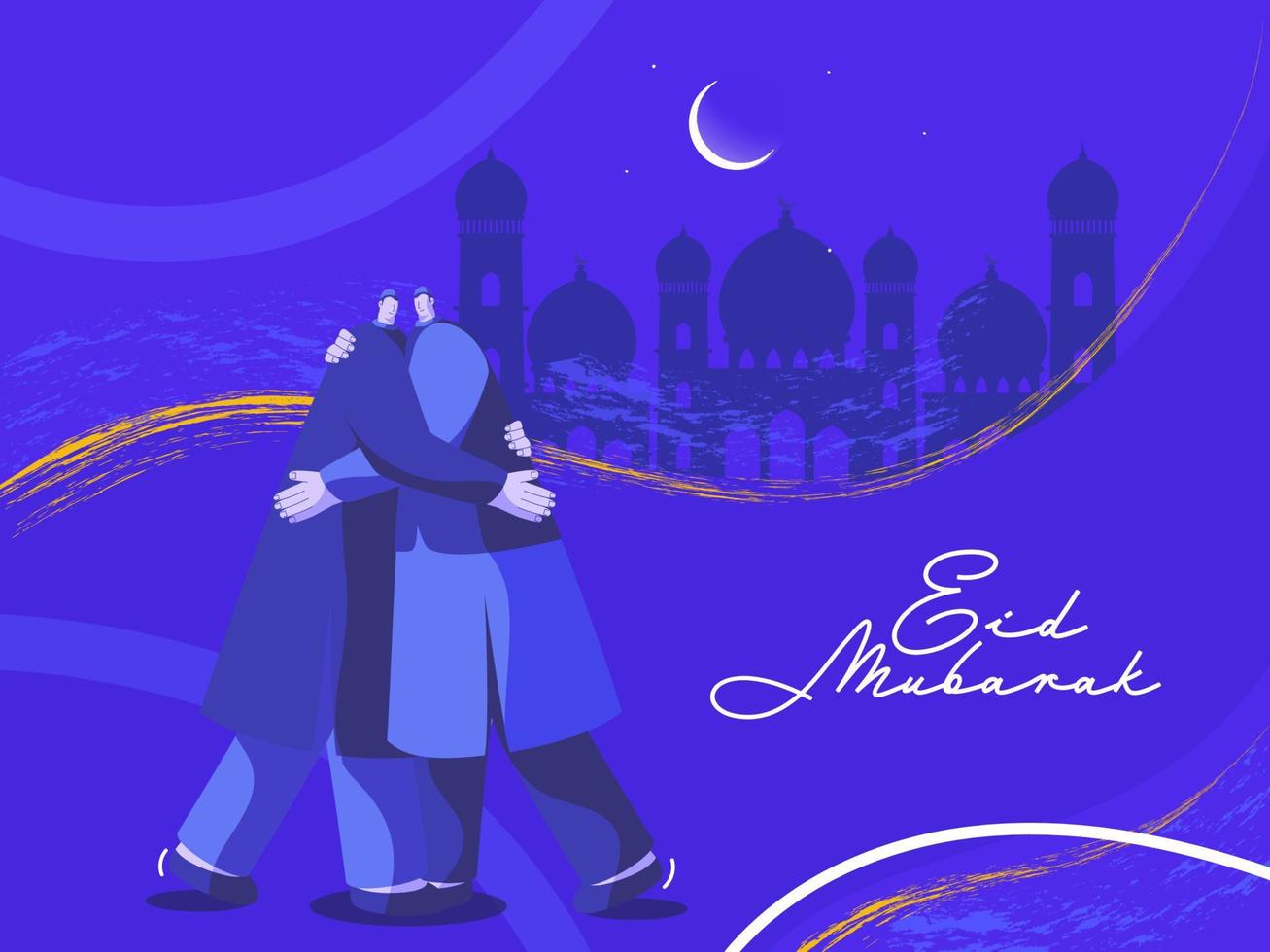 islámico festival eid Mubarak concepto con ilustraciones de musulmán hombres abrazando y dando deseos, mezquita silueta y creciente Luna en púrpura antecedentes. vector