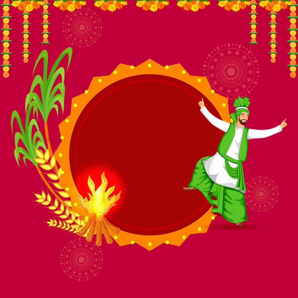 Illustration Of Punjabi Man Doing Bhangra Dance With Bonfire, Wheat Ears, Sugarcane, Floral Garland And Space For Text On Pink Background. vector