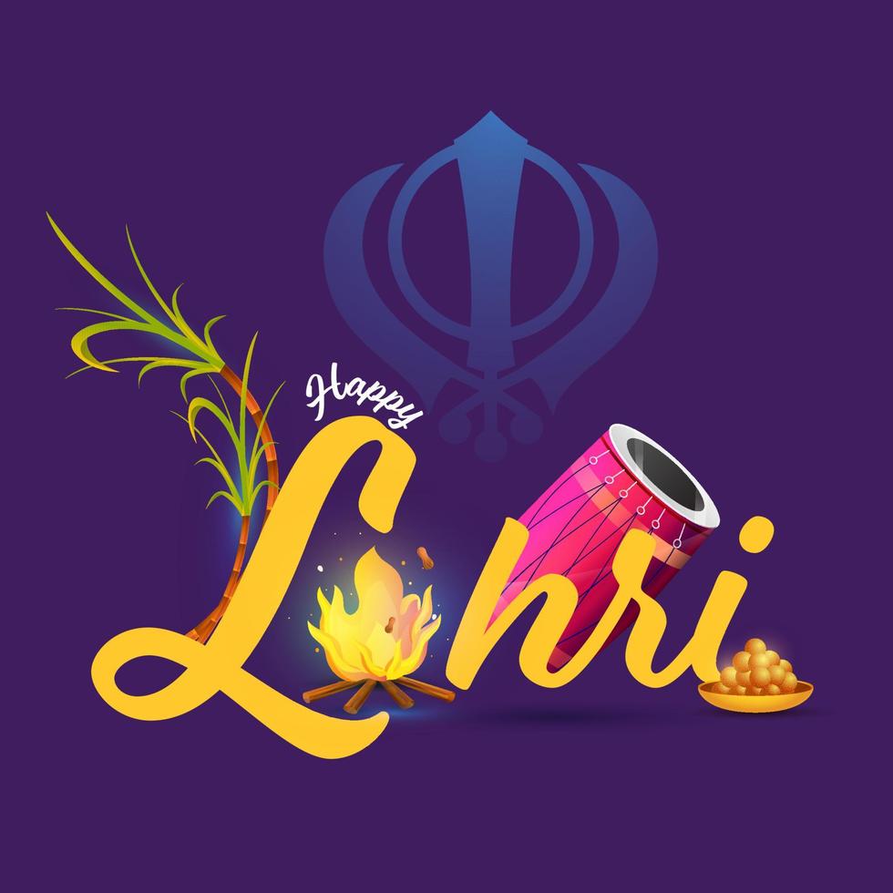 Happy Lohri Font With Bonfire, Dhol Instrument, Sweet, Sugarcane And Khanda On Purple Background. vector