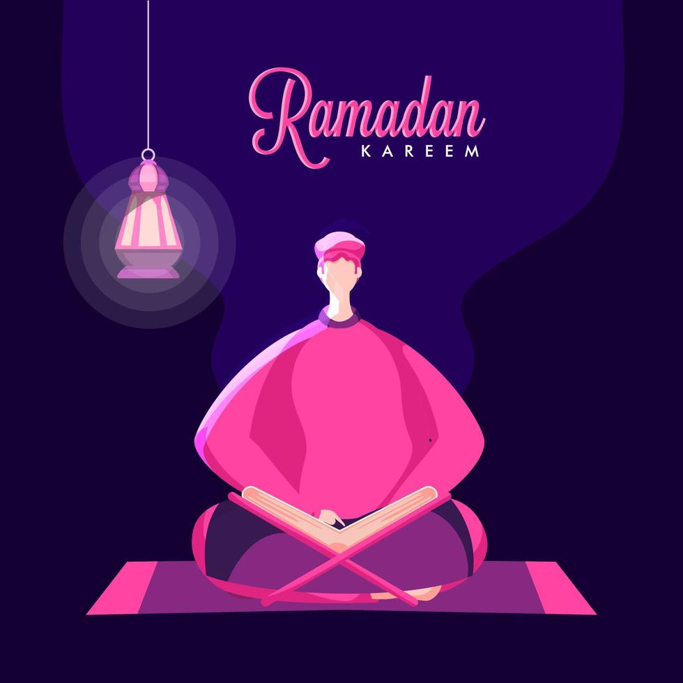 Cartoon Muslim Man Reading Quran and Hanging Illuminated Lantern on Purple Background for Ramadan Kareem Celebration. vector