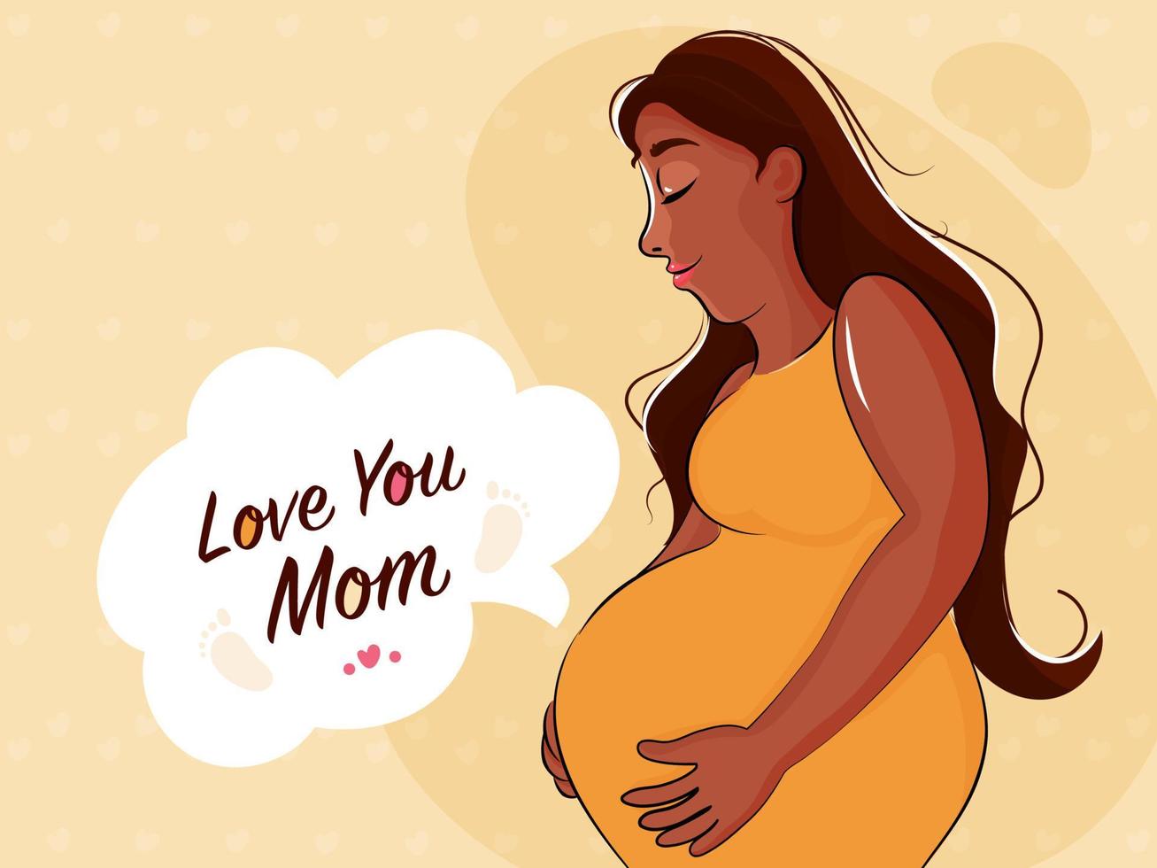 Happy Mother's Day conept with illustration of a Mom to Be, Pregnant Lady and text Love You Mom on Beige Color Background. vector