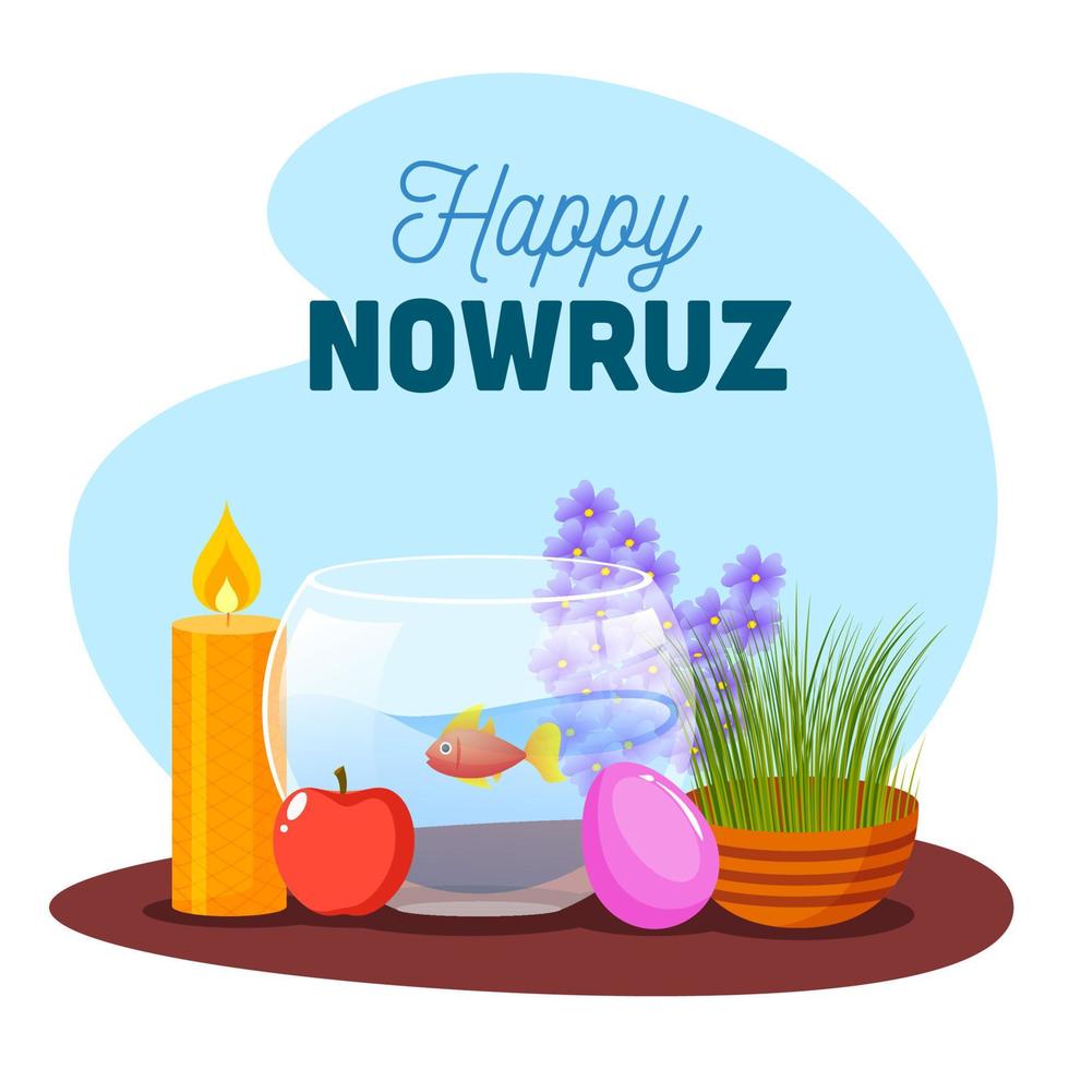 Illustration of Goldfish Bowl with Semeni, Apple, Eggs, Illuminated Candle and Hyacinth on Abstract Background for Happy Nowruz Celebration. vector