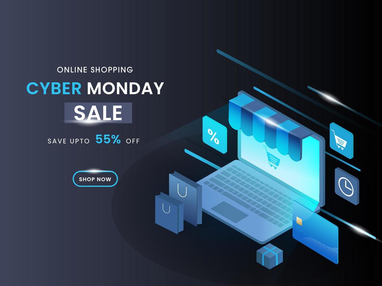 Cyber Monday Sale Poster Design with Discount Offer and 3D E-Shop in Laptop for Online Shopping. vector