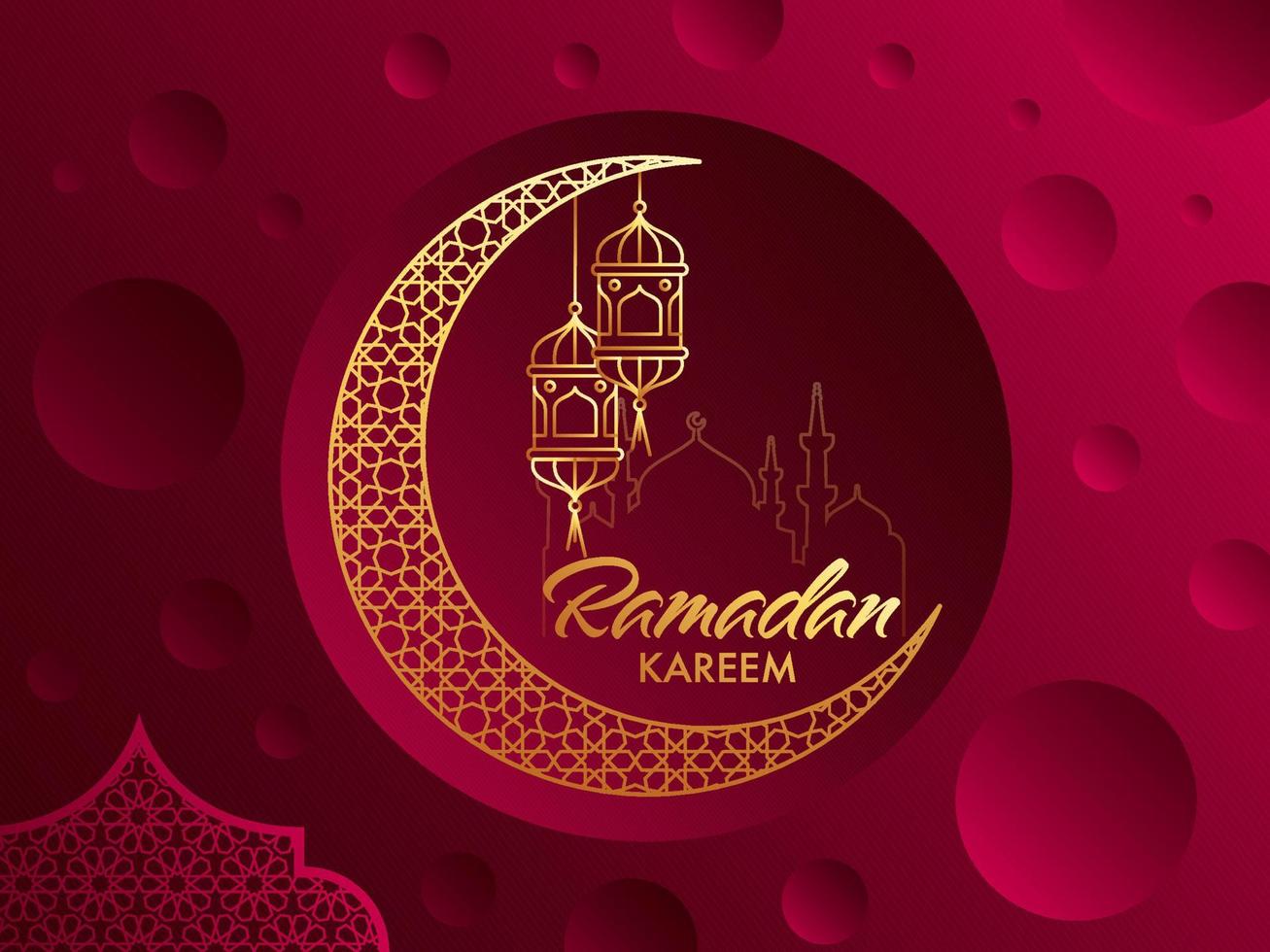 islámico santo mes Ramadán kareem concepto con creciente dorado Luna y colgando linternas, y floral modelo en resumen rojo antecedentes. vector