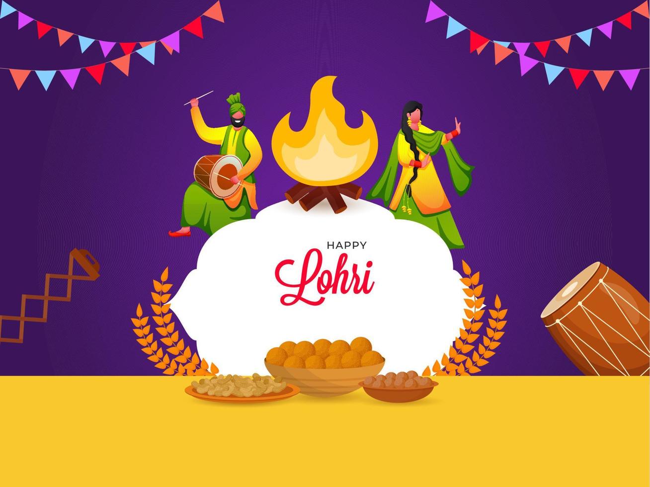 Cartoon Punjabi Couple Doing Bhangra Dance With Music Instruments, Peanut, Sweet Bowls On Yellow And Purple Background For Happy Lohri. vector