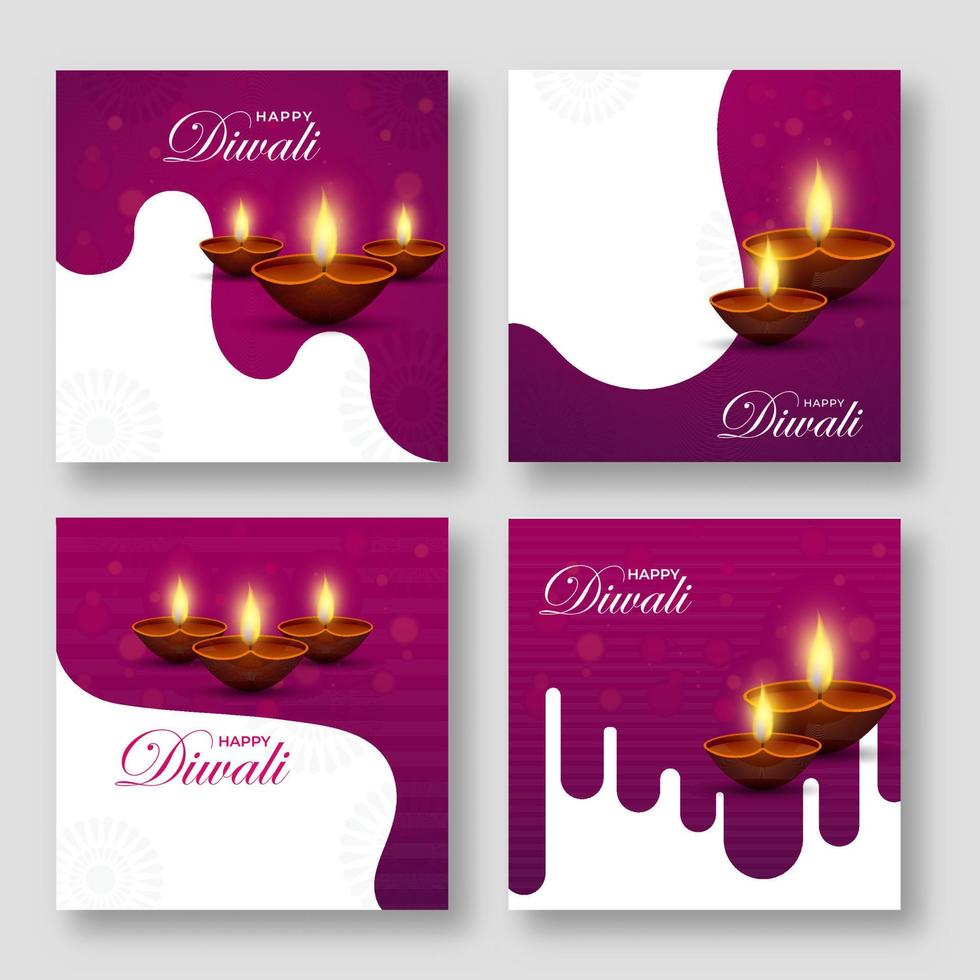 Happy Diwali Poster Design With Illuminated Oil Lamps On Dark Magenta And White Background In Four Options. vector