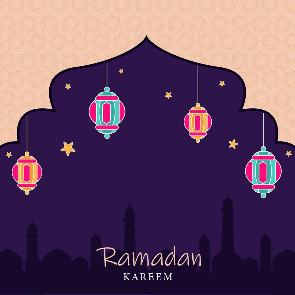 Islamic Holy Month of Ramadan Kareem with Hanging Colorful Lanterns and Mosque Silhouette on NIght Background. vector