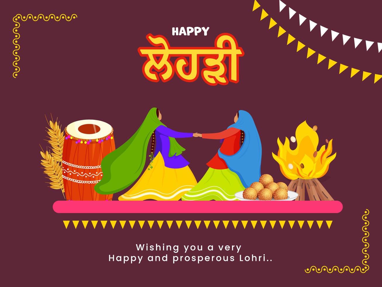 Illustration Of Punjabi Women Performing Giddha Dance With Festival Elements As Dhol, Bonfire, Sweet On Dark Burgundy Background For Happy Lohri Celebration. vector