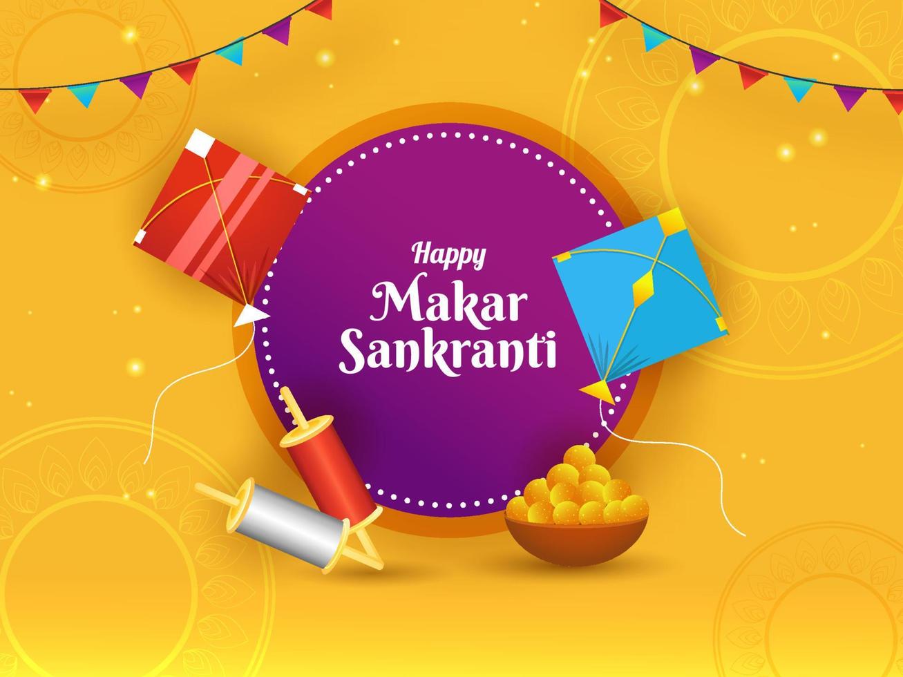 contento makar sankranti concepto con cometas, cuerda carretes, indio dulce y verderón banderas en amarillo antecedentes. vector