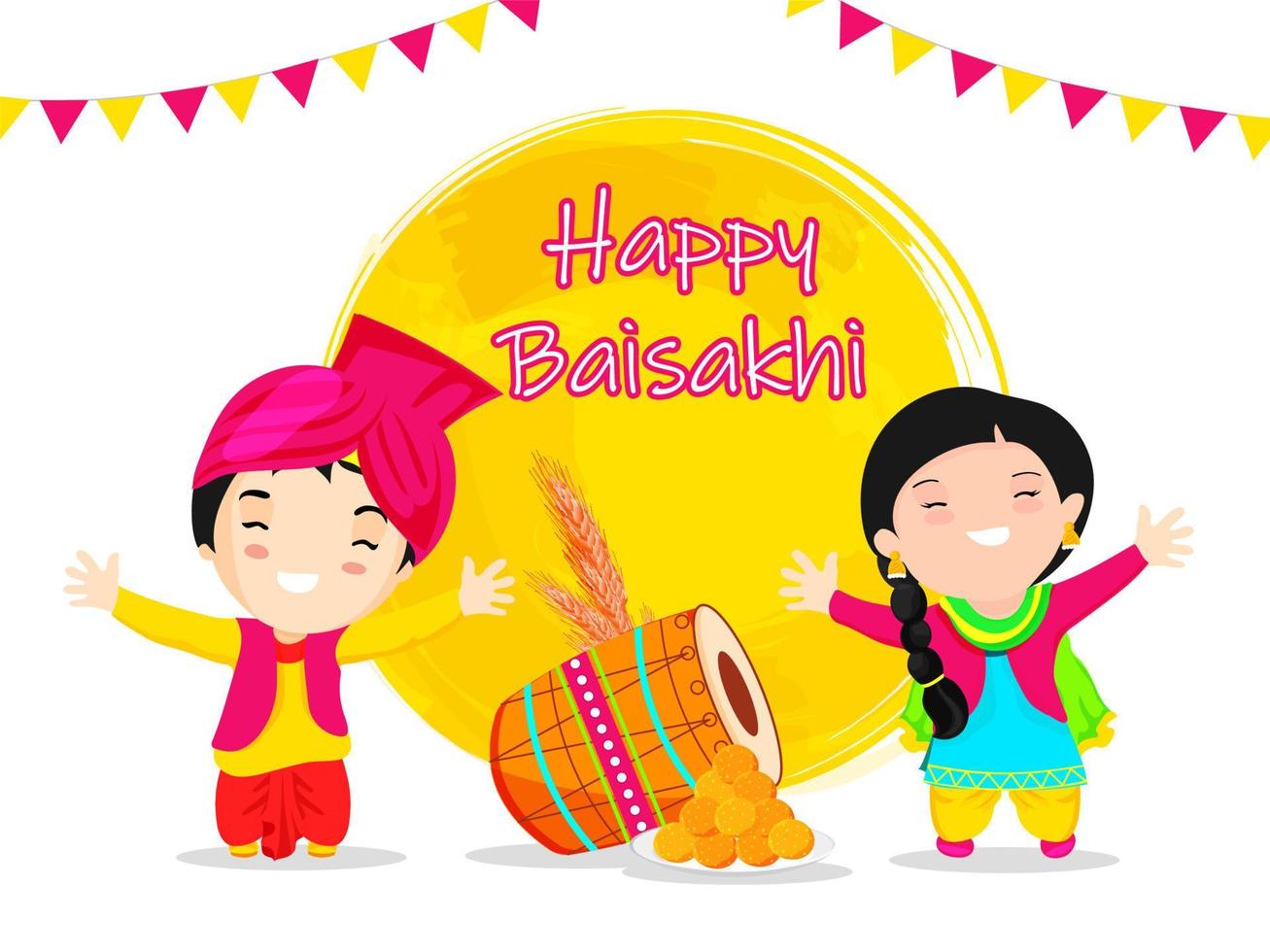 Cartoon Punjabi Kids Enjoying or Dancing with Drum, Wheat Ear, Indian Sweet and Yellow Round Brush Stroke on White Background for Happy Baisakhi Celebration. vector