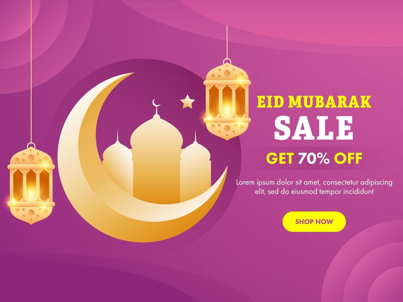 Islamic festival Eid Mubarak Sale Concept with hanging golden arabic lanterns, crescent moon, and mosque on magenta color background. vector