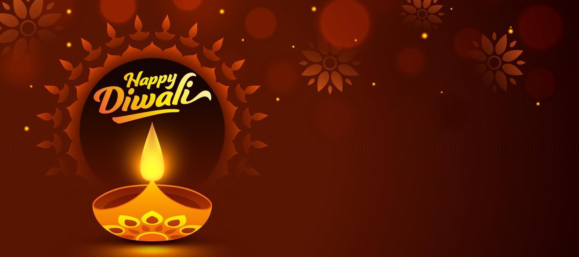 Happy Diwali Font with Lit Oil Lamp and Floral Pattern Decorated on Brown Background. vector