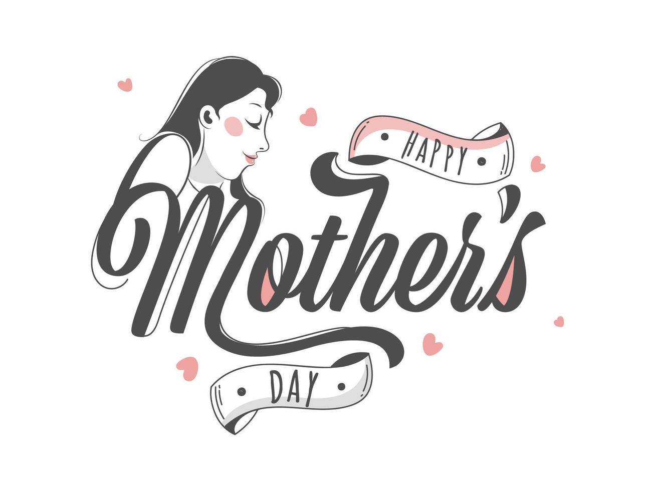 Vector illustration of a young mother and stylish text Happy Mother's Day on white background.