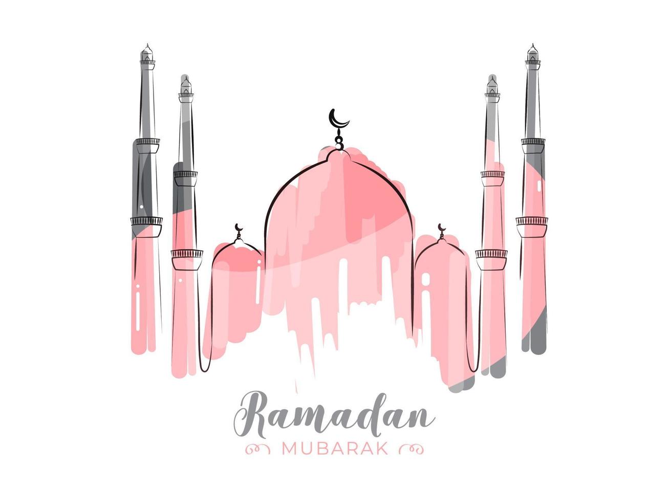 Islamic Holy Month of Ramadan Kareem with Line-art Pink Mosque on White Background. vector