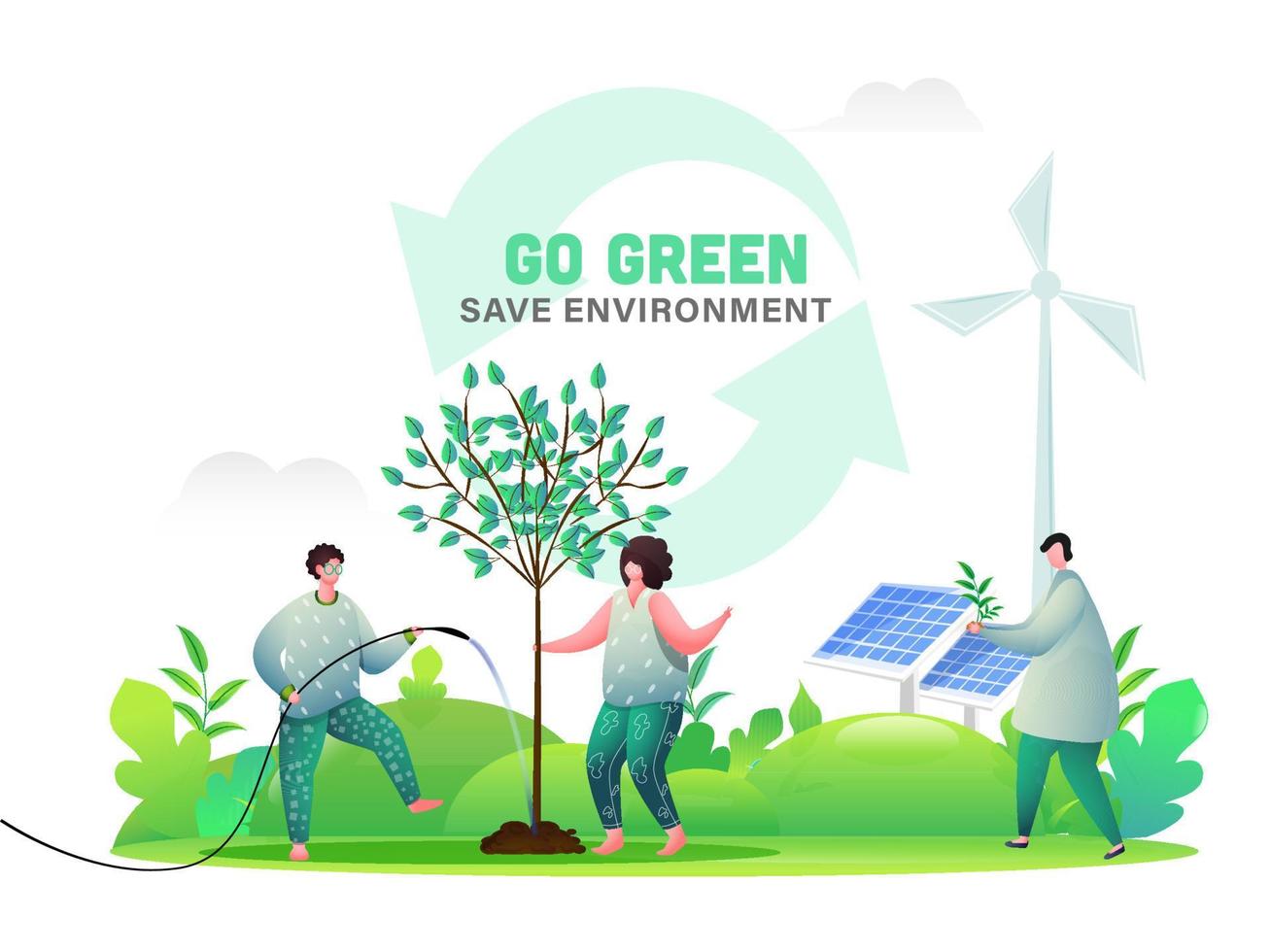 Go Green  Save Environment Concept with Illustration of People Gardening, Solar Panel and Windmills on Nature Background. vector