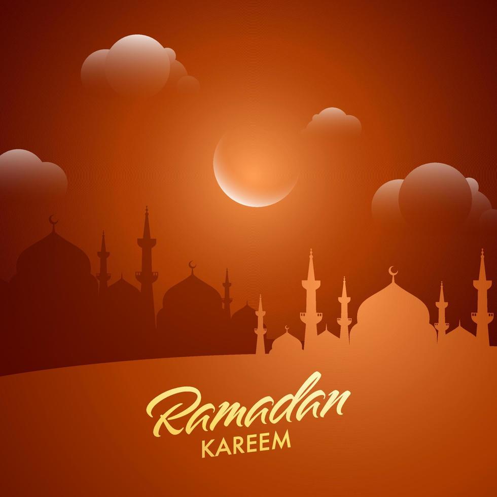 Islamic Holy Month of Ramadan Kareem Night Background with Mosque, Crescent Moon and Clouds. vector