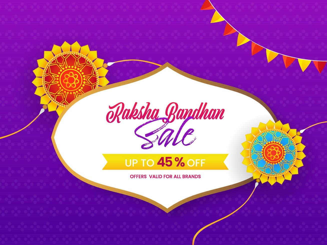 raksha Bandhan rebaja póster diseño con descuento oferta y mandala rakhis en púrpura antecedentes. vector