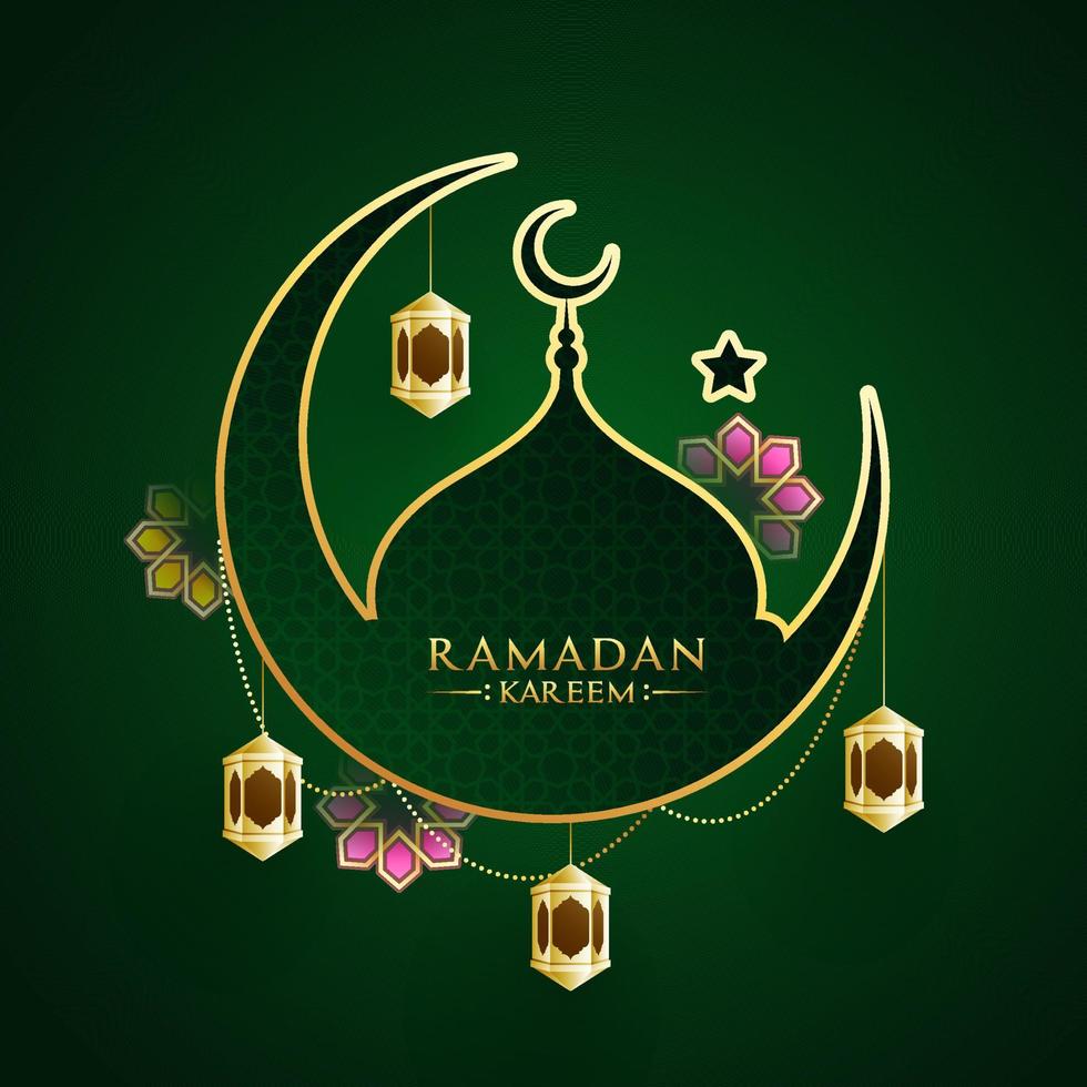 Islamic Holy Month Ramadan Kareem Concept with Crescent Golden Moon, Mosque, Hanging Lanterns on Green Background. vector