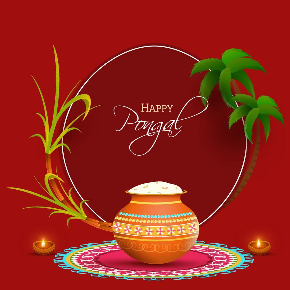 Sugarcane, Palm Tree, Lit Oil Lamps And Pongali Rice Mud Pot At Rangoli For Happy Pongal Celebration. vector