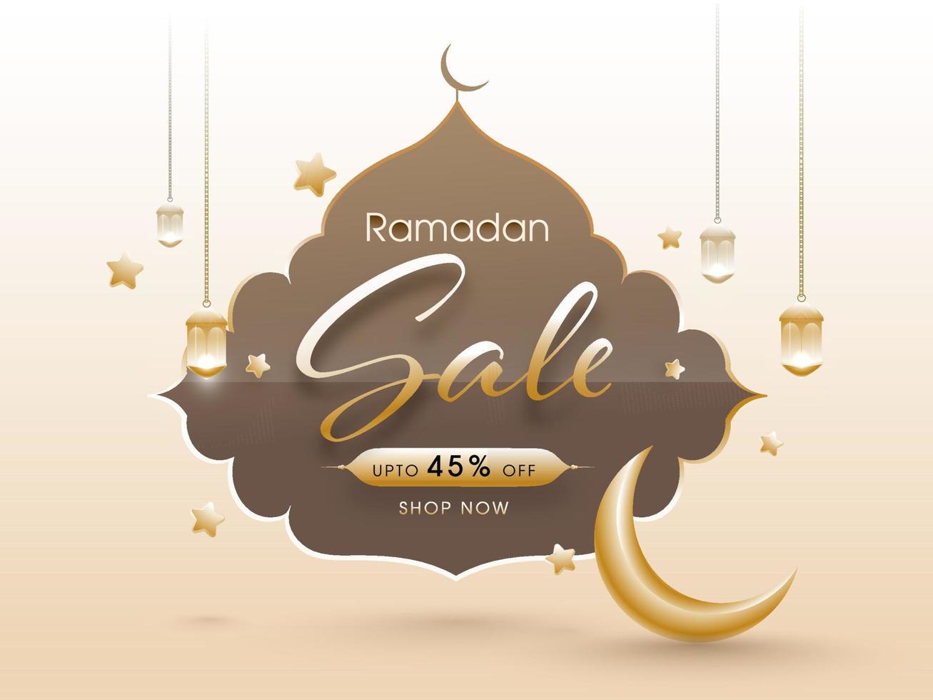 Ramdan Sale concept with crescent moon and hanging lanterns. Islamic holy month of prayers background. vector