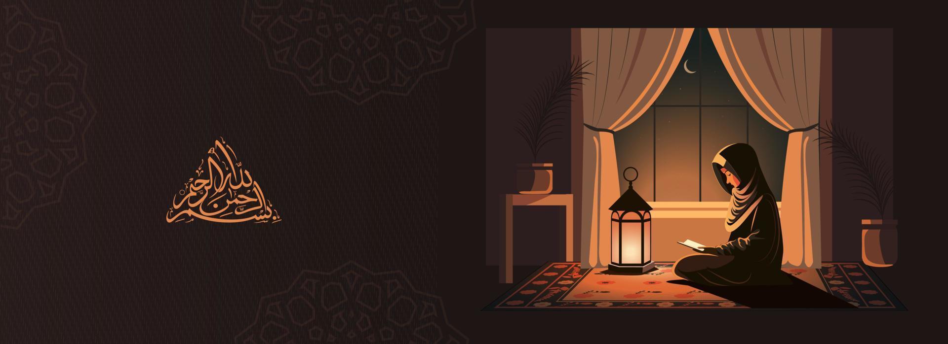 Arabic Islamic Calligraphy of Wishes in the name of Allah, most gracious, most merciful And Muslim Young Woman Reading Quran Book, Illuminated Arabic Lamp In Night. vector