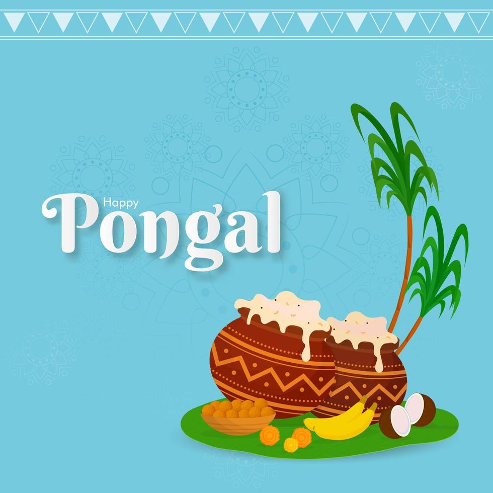 Happy Pongal Text With Pongali Rice In Mud Pots, Sweet, Fruits And Sugarcane On Blue Background. vector