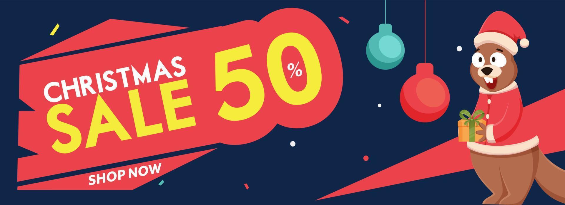 Christmas Sale Header or Banner Design with Discount Offer, Hanging Baubles and Cartoon Squirrel Holding Gift Box on Blue Background. vector