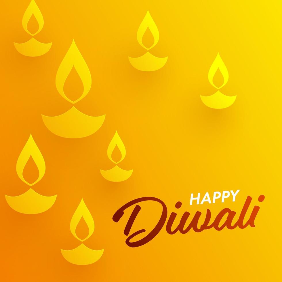 Happy Diwali Font With Illuminated Oil Lamps Decorated On Yellow Background. vector