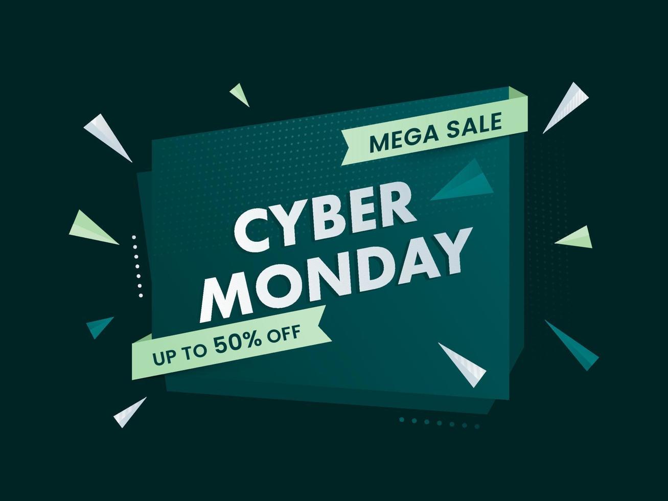 Cyber Monday Mega Sale Poster Design with Discount Offer on Dark Green Background. vector